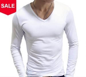 Ostro_Empire בגדי גברים Men Casual Long Sleeve Slim Fit V-Neck Gym Sports T-shirt Tops Solid Basic Tee T
